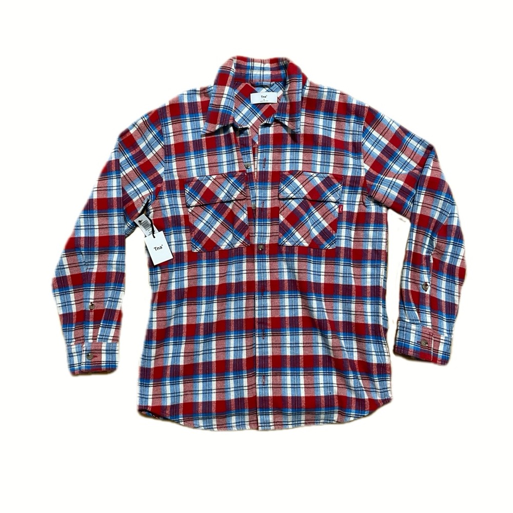 Aritzia TNA Blue Red and White Oversized Plaid Flannel Jacket Shacket